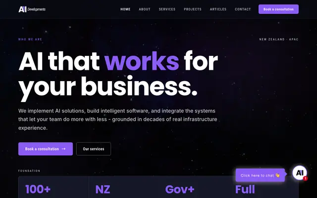 Screenshot of the aidevelopments.nz homepage