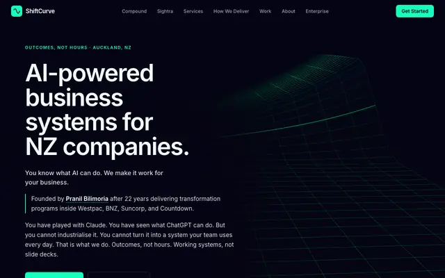 Screenshot of the shiftcurve.co.nz homepage